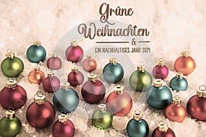 Text Gruene Weihnachten, Means Green Christmas, Christmas Balls In The Snow