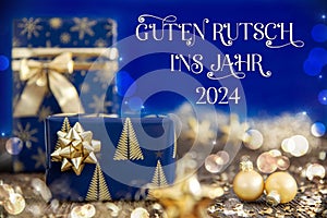 Text Guten Rutsch 2024, Means Happy 2024, Golden And Blue Christmas Decoration