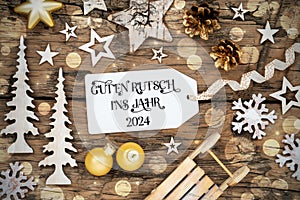 Text Guten Rutsch 2024, Means Happy 2024, Rustic Wooden, Golden Christmas Decor