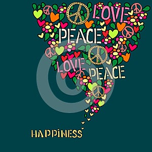 Text happiness. Love, peace and pacifism symbol in colorful collage