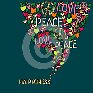 Text happiness. Love, peace and pacifism symbol in colorful collage photo