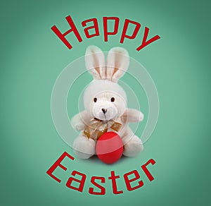 Text Happy Easter and Easter bunny with the red egg