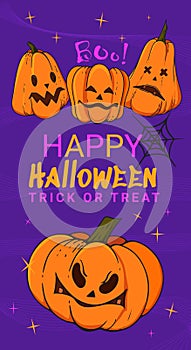 text Happy Halloween and trick or treat and jackolantern on stars background