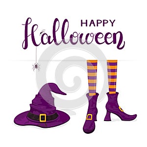 Text Happy Halloween with witches legs in shoes and purple hat