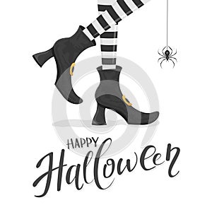 Text Happy Halloween with witches legs in shoes and spider