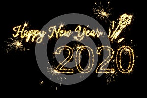 Text Happy New Year 2020 with a flying champagne cork written sparkling sparklers fireworks isolated on black background