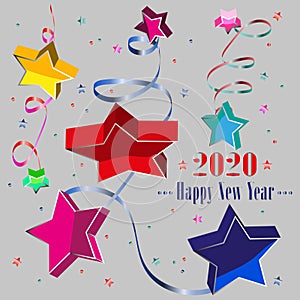 Text - Happy New Year 2020. Set of New Year symbols - serpentine, confetti, stars on a light background.