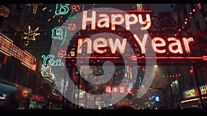 Text: Happy new Year as a neon street sign.