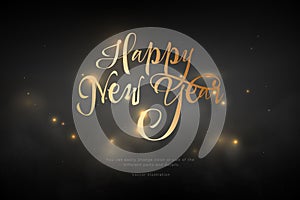 Text Happy New Year golden color. Low poly wireframe art on black background. Concept for holiday or magic or miracle. Vector