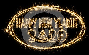 Text Happy New Year with number 2020 and Christmas tree inside the frame made by sparkler . Number 2020 and sign written sparkling