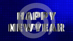 Text HAPPY NEWYEAR silver 3D digital technology animated on blue particle background