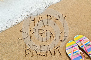 Text happy spring break in the sand