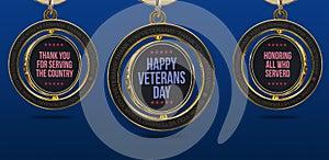 Text of Happy veterans day and thank you for serving the country on badge photo