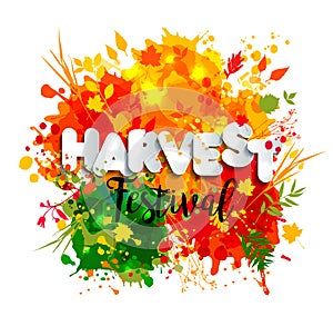 Text harvest festival in paper style on multicolor background with autumn leaves.