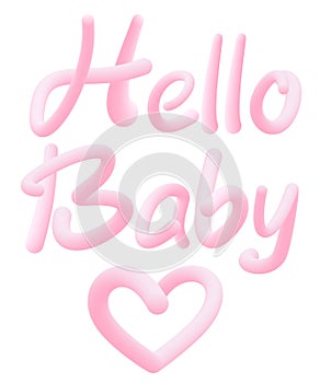 Text hello baby and heart made of chewing gum . Hand drawn lettering in bubble gum style . For design poster, banner, card, print