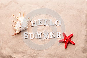 Text Hello Summer from white letters and sea shell and starfish on sand.