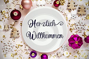 Text Herzlich Willkommen, Means Welcome, Purple Flatlay Christmas Decor