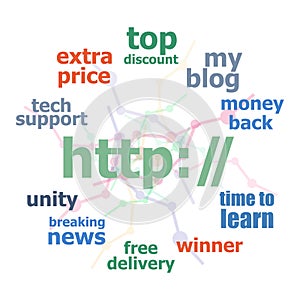 Text http. web design concept . Word cloud collage. Background with lines and circles