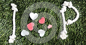 Text: I love P made from ropes on grass background.