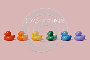 Text I love you moms and rainbow rubber ducks