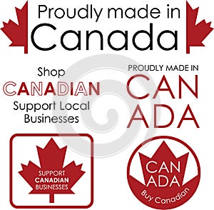 Text and icons supporting Canadian businesses. Proudly made in Canada and Support Canadian businesses, Buy Canadian signs