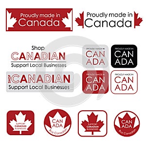 Text and icons supporting Canadian businesses. Proudly made in Canada and Support Canadian businesses, Buy Canadian signs