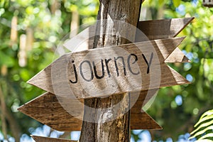 Text journey on a wooden board near tropical hotel in island Koh Phangan, Thailand. Journey wooden sign inscription in the asian