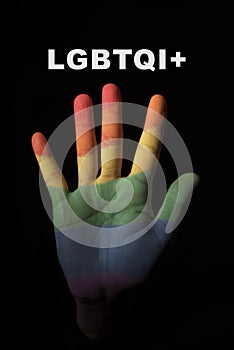 Text LGBTQI+ and rainbow flag on a hand