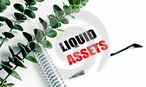 Text liquid assets written on notebook with green leaves and pen on white background