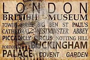 Text with London landmarks on Big Ben vintage background