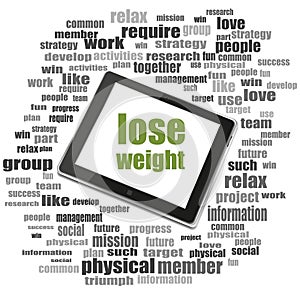 Text lose weight. Social concept . Tablet Pc. Word cloud collage