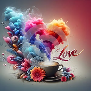 Text love with flowers with vibrant colored vapors coming out of the coffee.