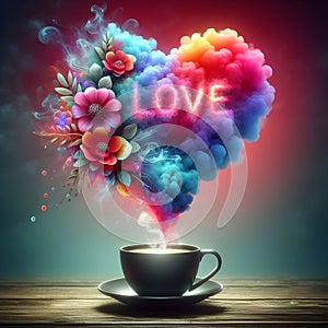 Text love with flowers with vibrant colored vapors coming out of the coffee.