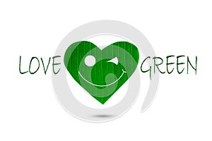 Text love green with green smiling heart shaped leaf on white background