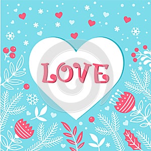 Text love on hearts template among flowers. Hand draw vector illustration for Valentine's day. Card with pink