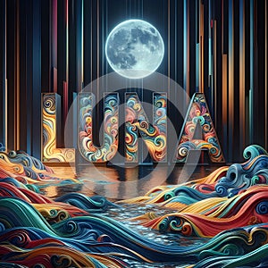 Text LUNA with mexican style multicolor letters and multicolor waves of water. photo