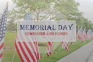Text Memorial Day and Honor on row of lawn American Flags