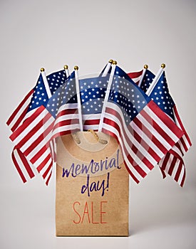 Text memorial day sale and american flags