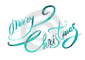 Text Merry Christmas hand painted blue watercolor lettering