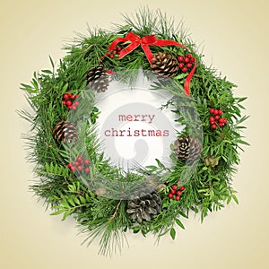 Text merry christmas and natural christmas wreath, with a retro