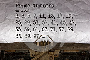 text message - prime numbers. Written with a vintage typewriter. Antique technology for writers and story writers