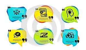 Text message, Sales diagram and Idea head icons set. No internet, Settings blueprint and Loyalty gift signs. Vector