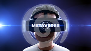 Text `METAVERSE` on VR Headset screen.