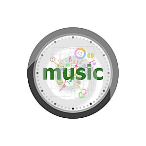 Text Music on digital background. Social concept . Set of modern flat design concept icons for internet marketing. Watch clock