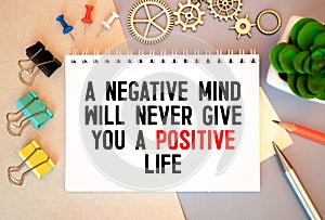 The text A negative mind will never give you a positive life. Motivational quote