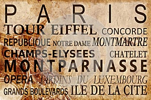 Text with Paris landmarks on Eiffel Tower vintage background
