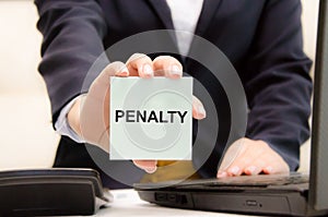 the text penalty is written on a blue sticker held by a girl. The judge is obliged to pay a fine or forfeit. Appealing a