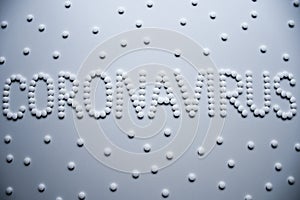 Text phrase Coronavirus sign concept made from white tablets