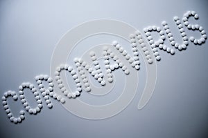 Text phrase Coronavirus sign concept made from white tablets