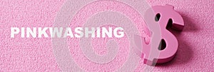 Text pinkwashing and pink dollar sign, web banner